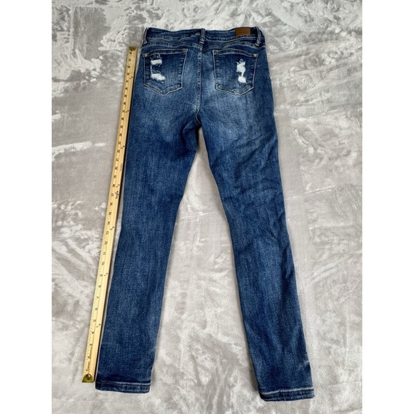 Judy Blue Size 7/28 Skinny Fit Distressed Jeans Navy Stripe Patches Med Wash - Picture 5 of 6
